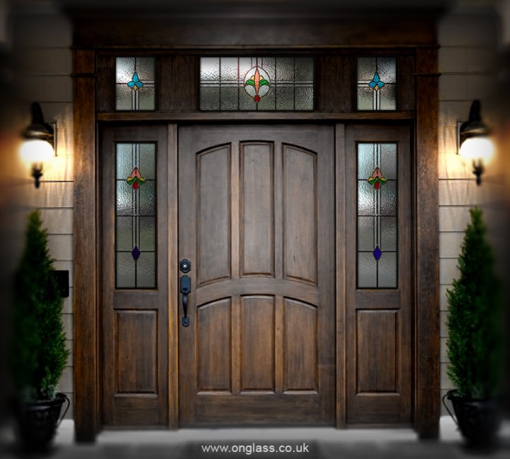 Elegant front door with stained glass.