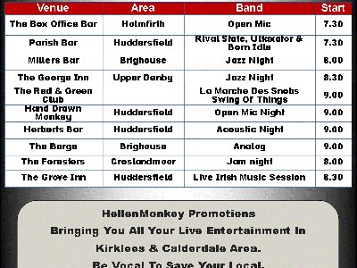 Weekly gig lists for Kirklees & Calderdale