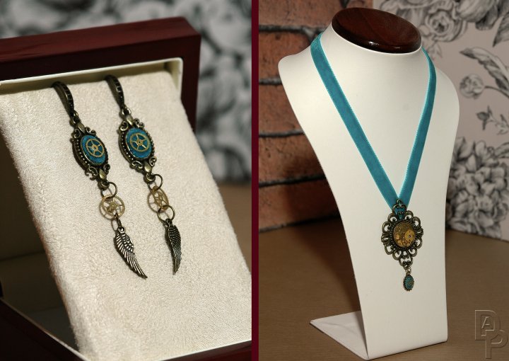 Turquoise Velvet & Cog Necklace
